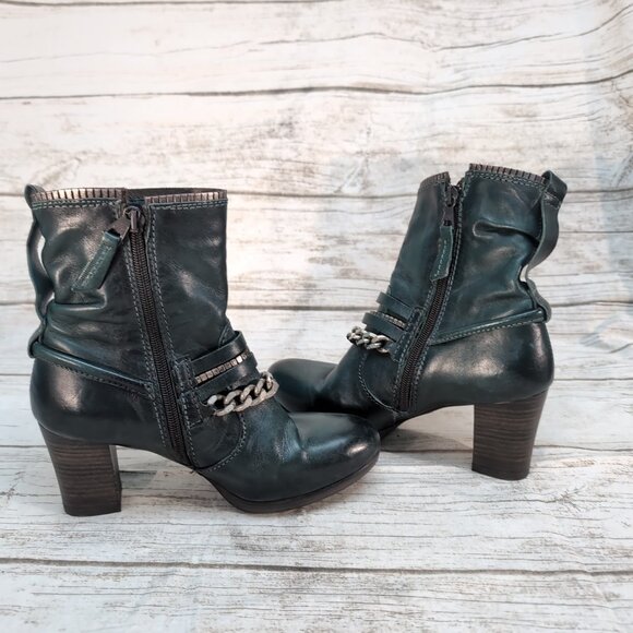 Mjus Dark Green Leather Ankle Boots Chain and Leather Harness Moto Biker Size 37 - Picture 8 of 10
